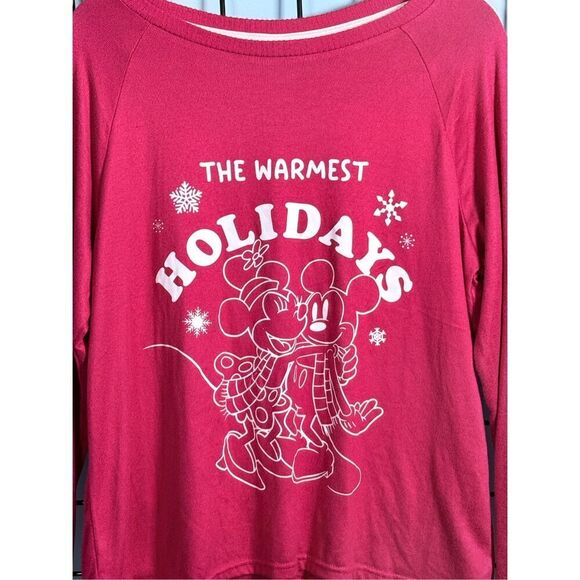 Disney Mickey Minnie‎ Mouse Soft LS Sleep Shirt Womens L Red Holiday Snow - Picture 3 of 9